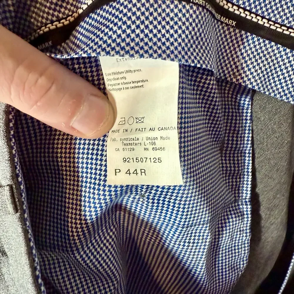 Hart Schaffner Marx Men's 44 Regular 44R Gray 100% Wool Chicago Fit Dress Pants